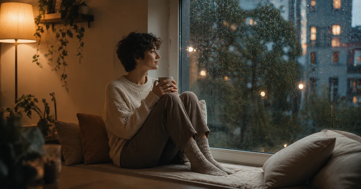 Uma pessoa olhando pela janela sozinha, luz suave e atmosfera introspectiva